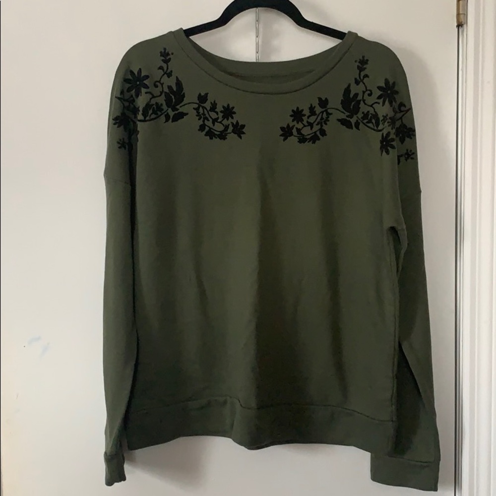 Green Long Sleeve Shirt with Black Flowers